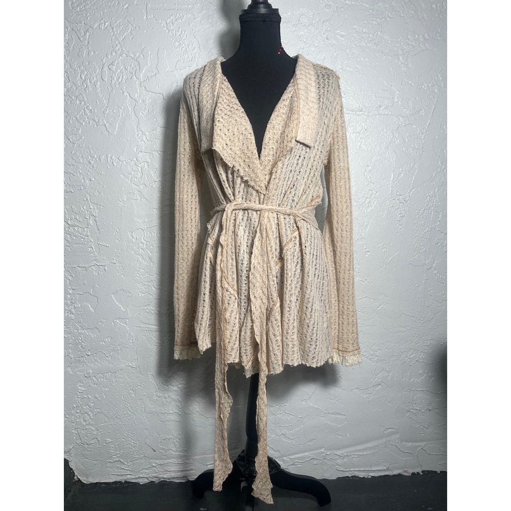 Nikki & Mo Open Knit Belted Cardigan S Cream Boho Lace Duster Sweater